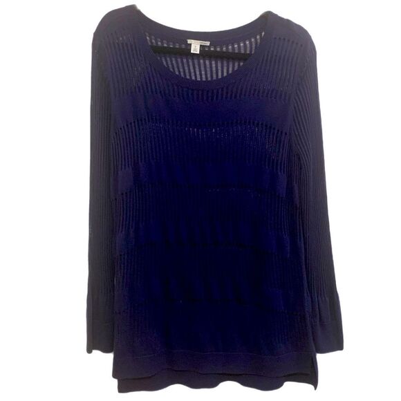 HALOGEN KNIT TOP WOMEN XLP NAVY BLUE ROUND NECKLINE SHEER LOOSE KNIT. - Picture 2 of 7